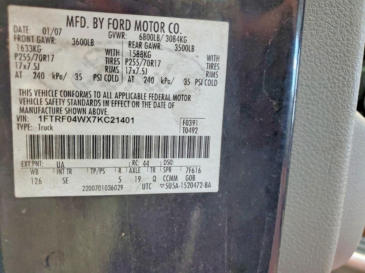 2007 Ford F150 Black vin: 1FTRF04WX7KC21401