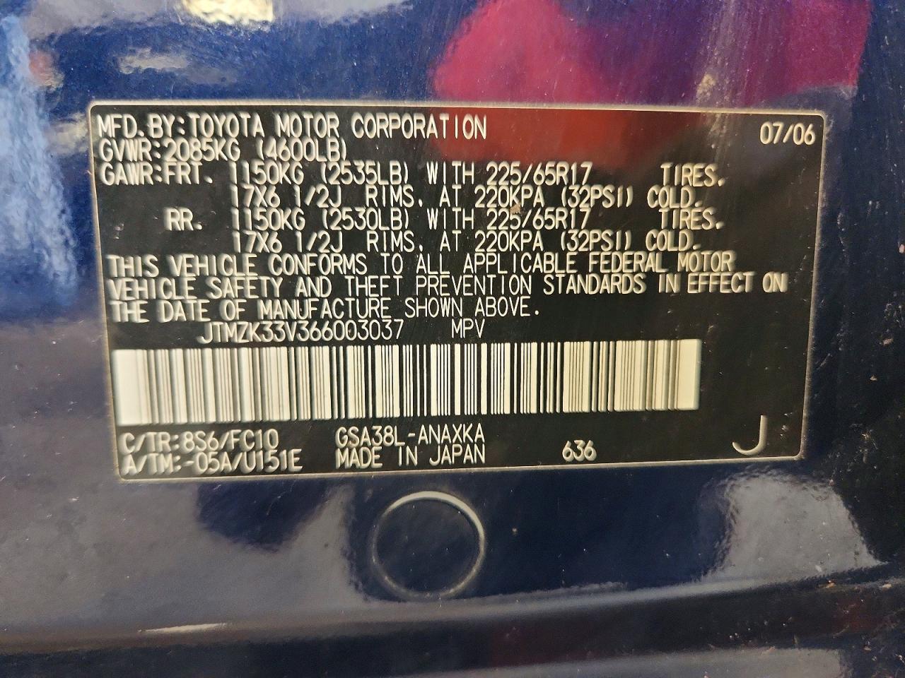 2006 Toyota Rav4 Base Blue vin: JTMZK33V366003037