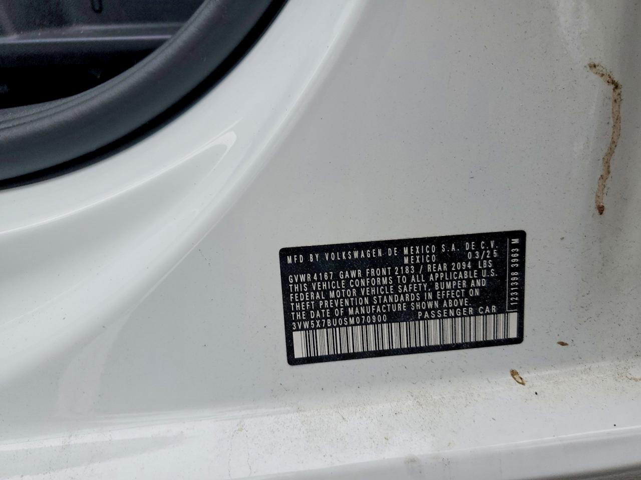 2025 Volkswagen Jetta S White vin: 3VW5X7BU0SM070900
