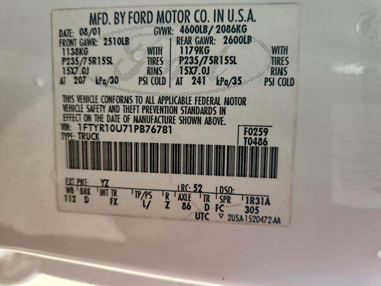 2001 Ford Ranger White vin: 1FTYR10U71PB76781