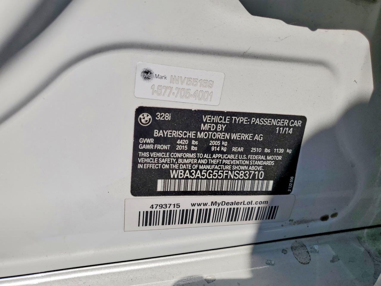 2015 Bmw 328 I White vin: WBA3A5G55FNS83710