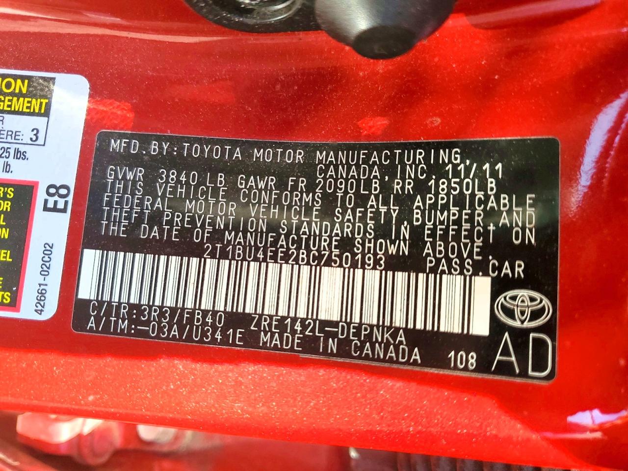 2011 Toyota Corolla Le Красный vin: 2T1BU4EE2BC750193