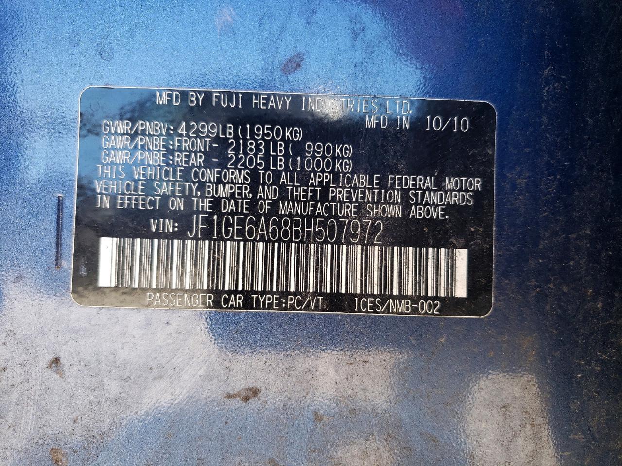2011 Subaru Impreza 2.5i Blue vin: JF1GE6A68BH507972