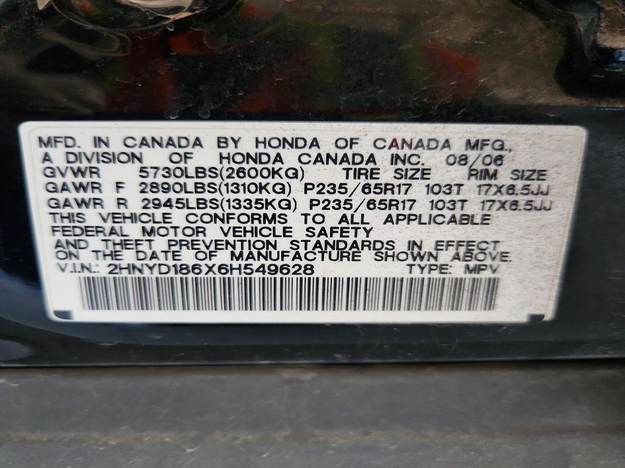 2006 Acura Mdx Touring Black vin: 2HNYD186X6H549628