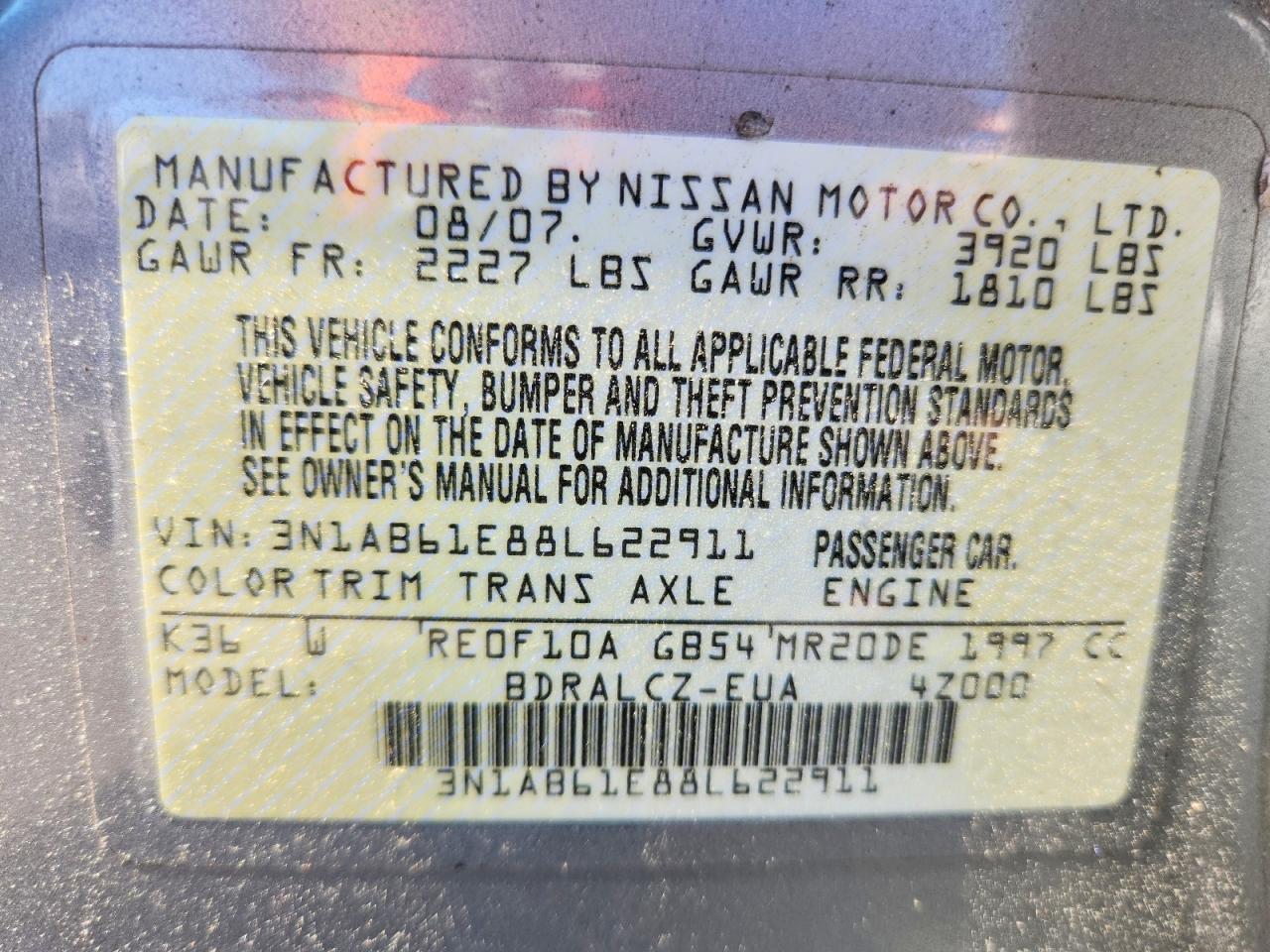 2008 Nissan Sentra 2.0 Gray vin: 3N1AB61E88L622911