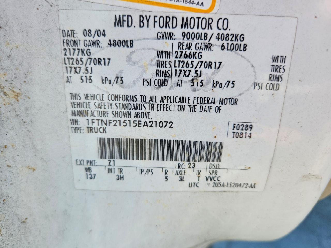 2005 Ford F250 Super Duty White vin: 1FTNF21515EA21072