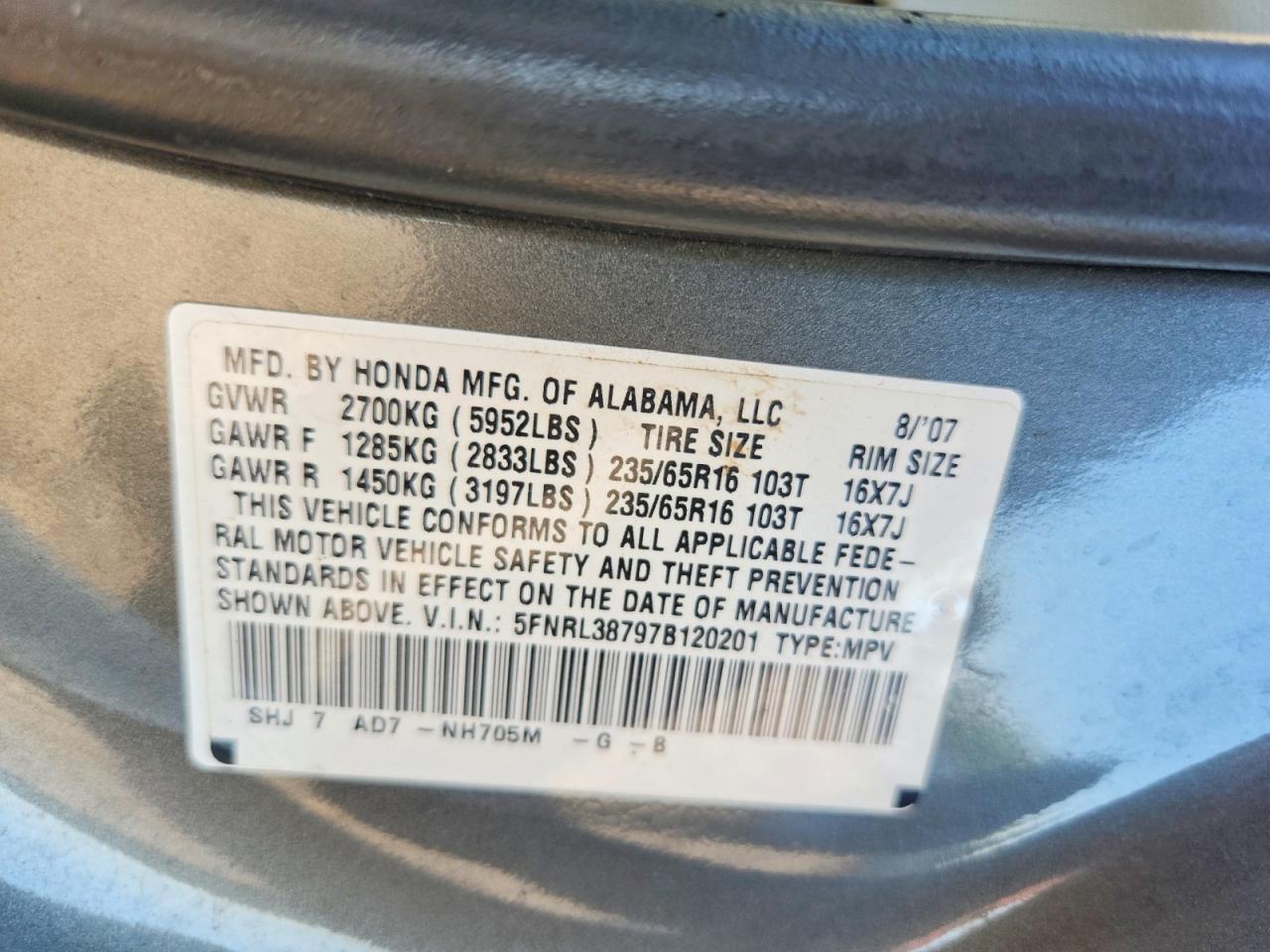 2007 Honda Odyssey Exl Gray vin: 5FNRL38797B120201