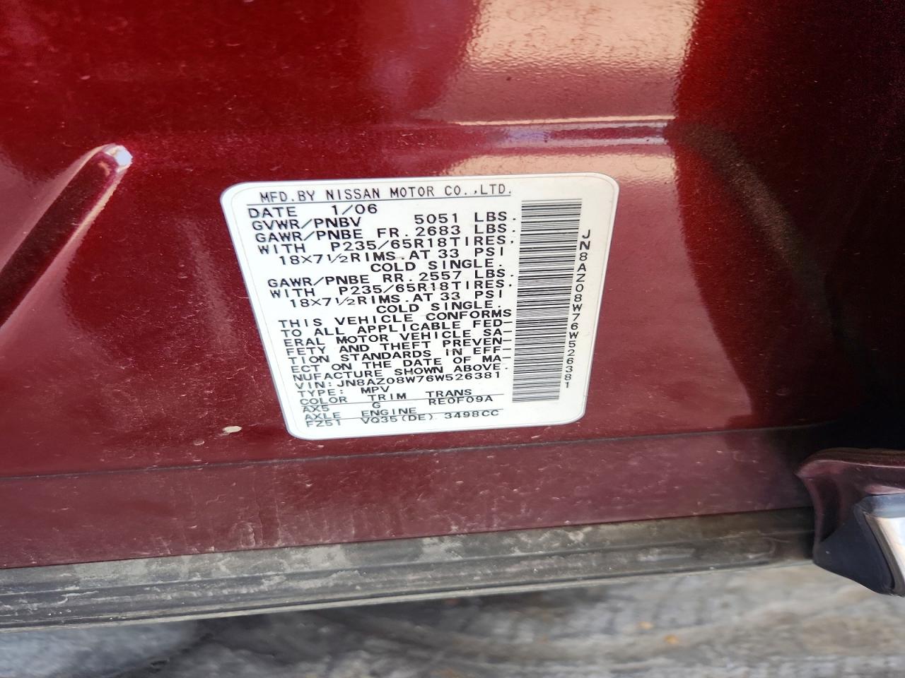 2006 Nissan Murano S Maroon vin: JN8AZ08W76W526381