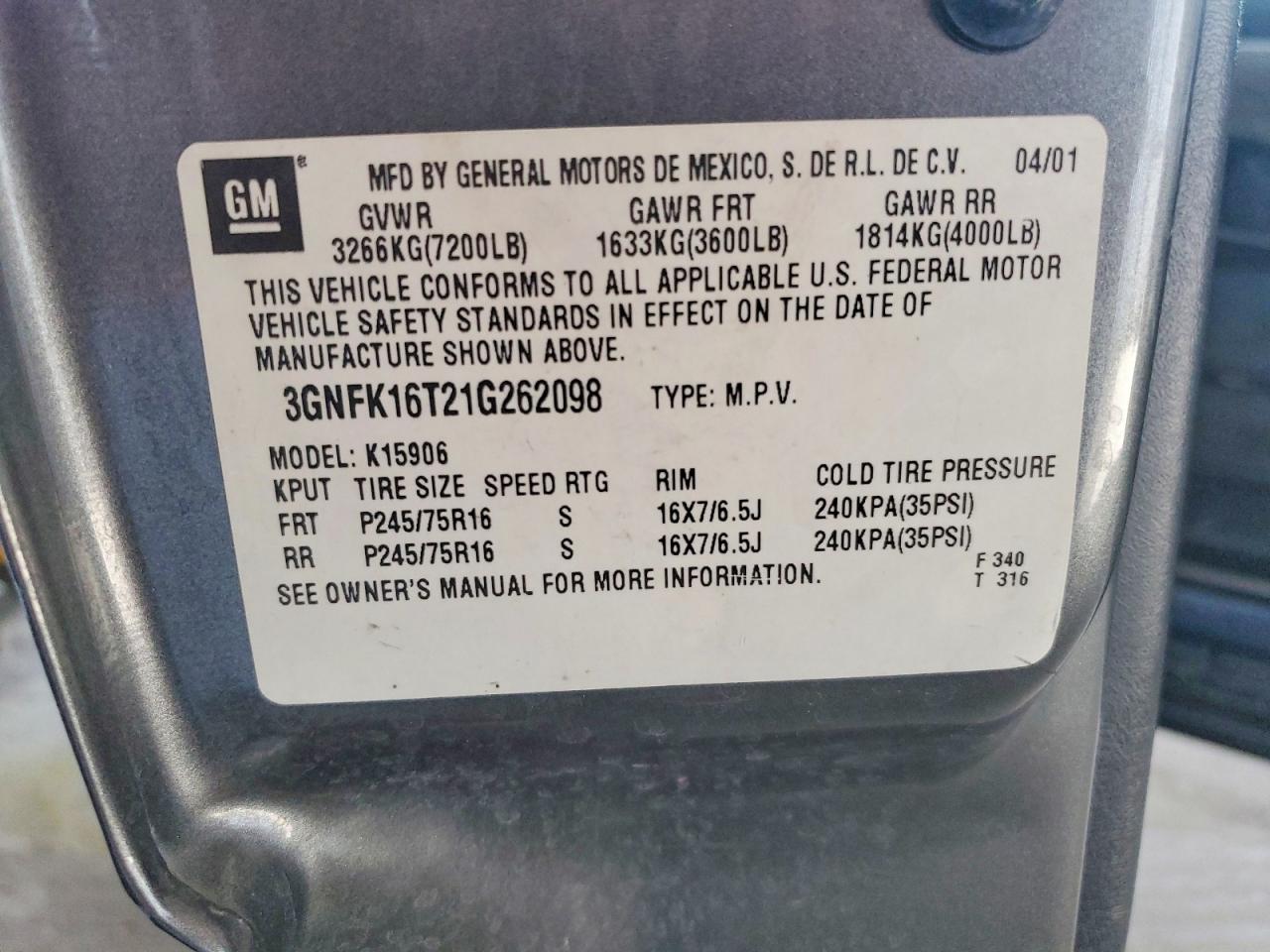 2001 Chevrolet Suburban K1500 Gray vin: 3GNFK16T21G262098
