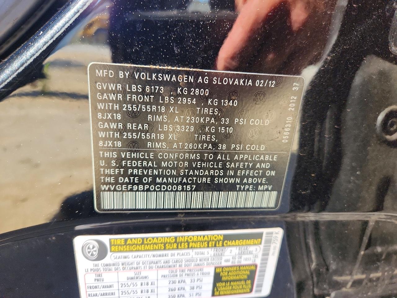 2012 Volkswagen Touareg V6 Black vin: WVGEF9BP0CD008157