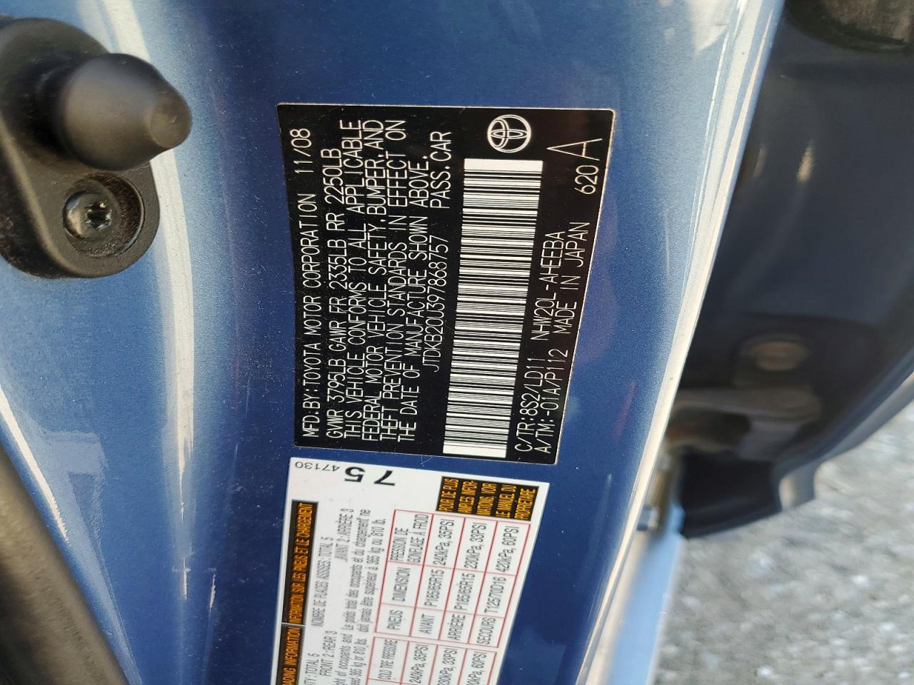 2009 Toyota Prius Base Blue vin: JTDKB20U397868757