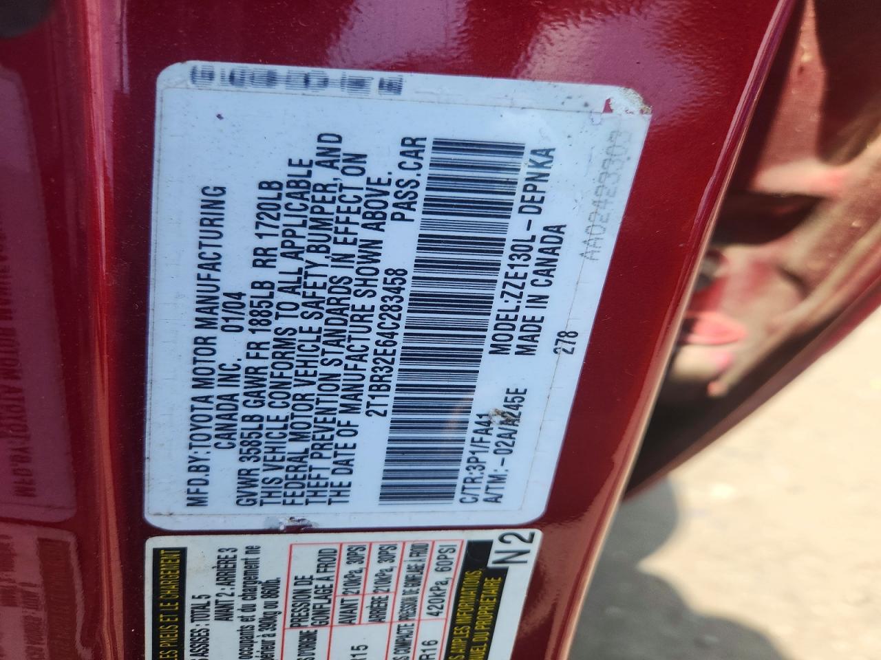 2004 Toyota Corolla Le Red vin: 2T1BR32E64C283458