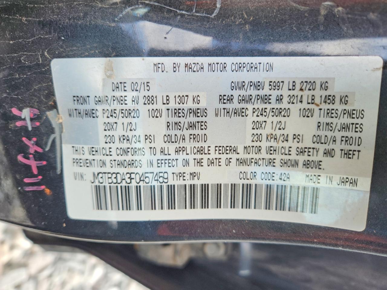 2015 Mazda Cx-9 Grand Touring Серый vin: JM3TB3DA3F0457459