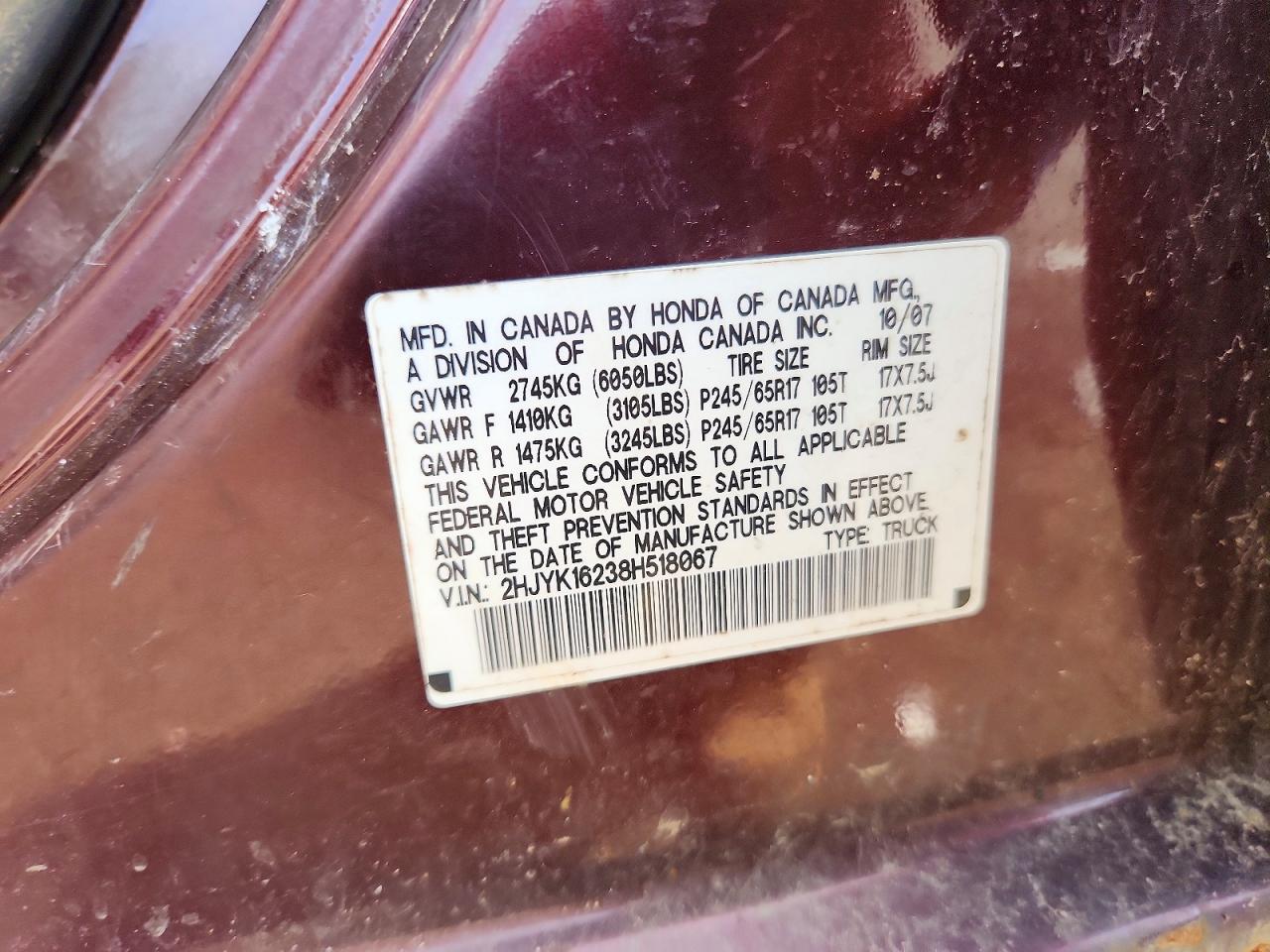 2008 Honda Ridgeline Rt Burgundy vin: 2HJYK16238H518067