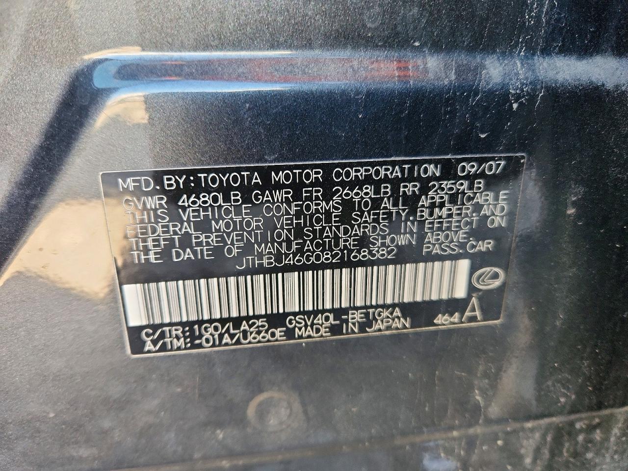 2008 Lexus Es 350 Charcoal vin: JTHBJ46G082168382