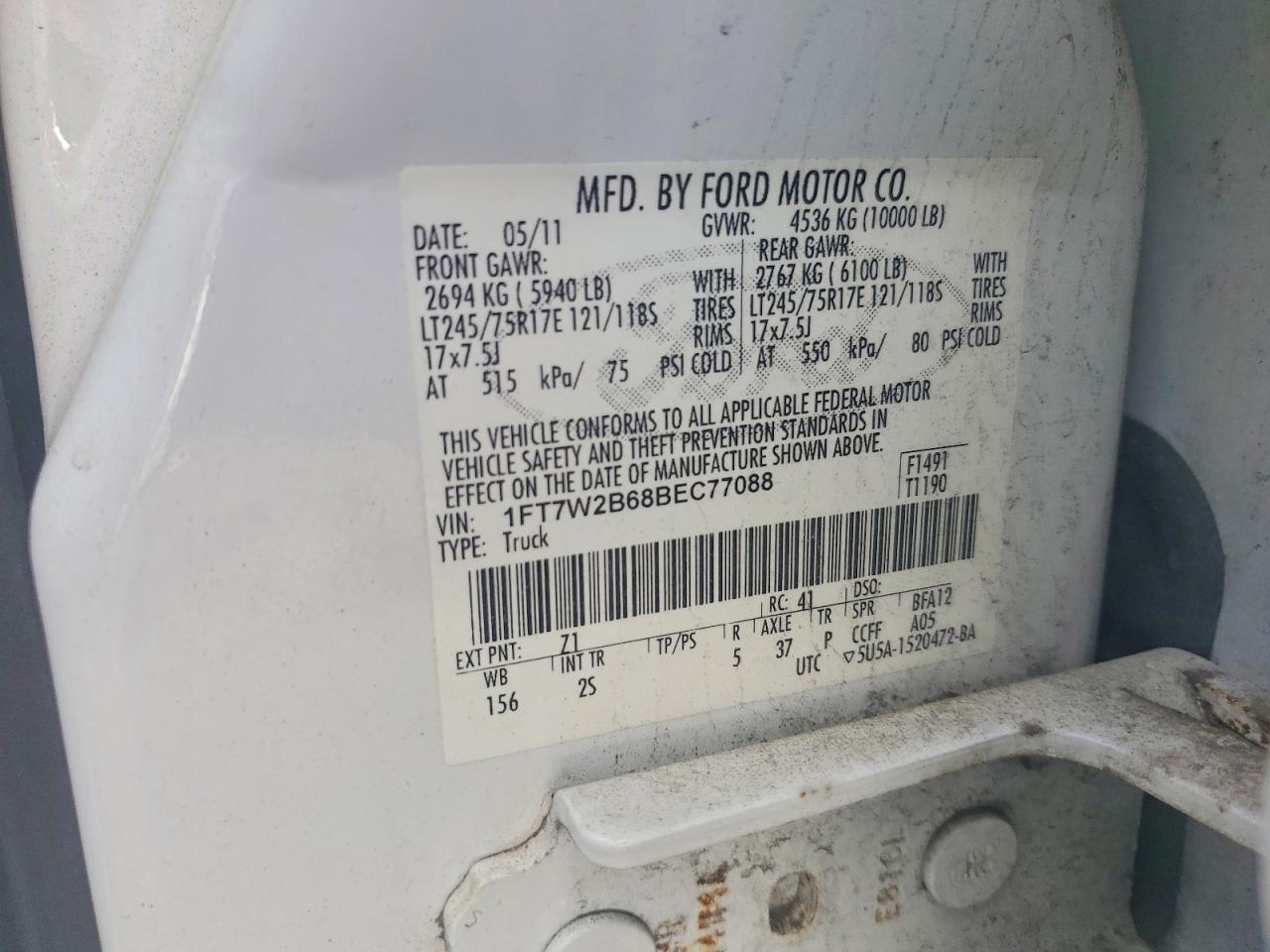 2011 Ford F250 Super Duty White vin: 1FT7W2B68BEC77088