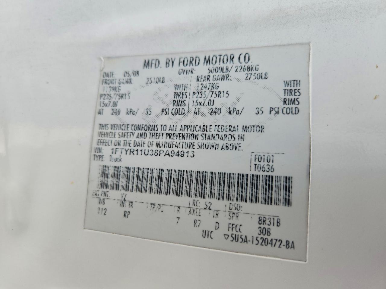 2008 Ford Ranger White vin: 1FTYR11U38PA94913
