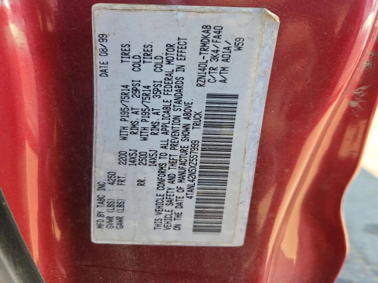 1999 Toyota Tacoma Base Red vin: 4TANL42N5XZ557999