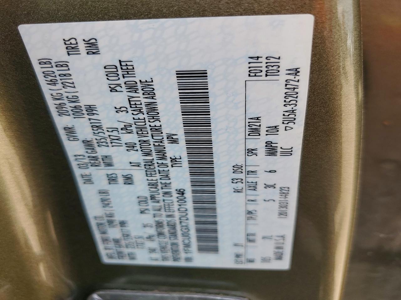 2013 Ford Escape Se Green vin: 1FMCU0GX7DUD10046