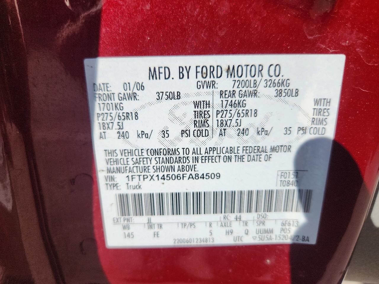 2006 Ford F150 Burgundy vin: 1FTPX14506FA84509