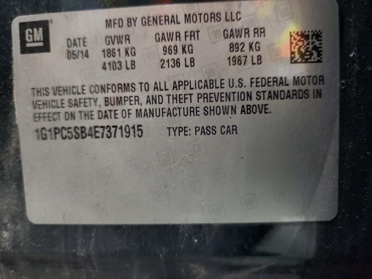 2014 Chevrolet Cruze Lt Green vin: 1G1PC5SB4E7371915