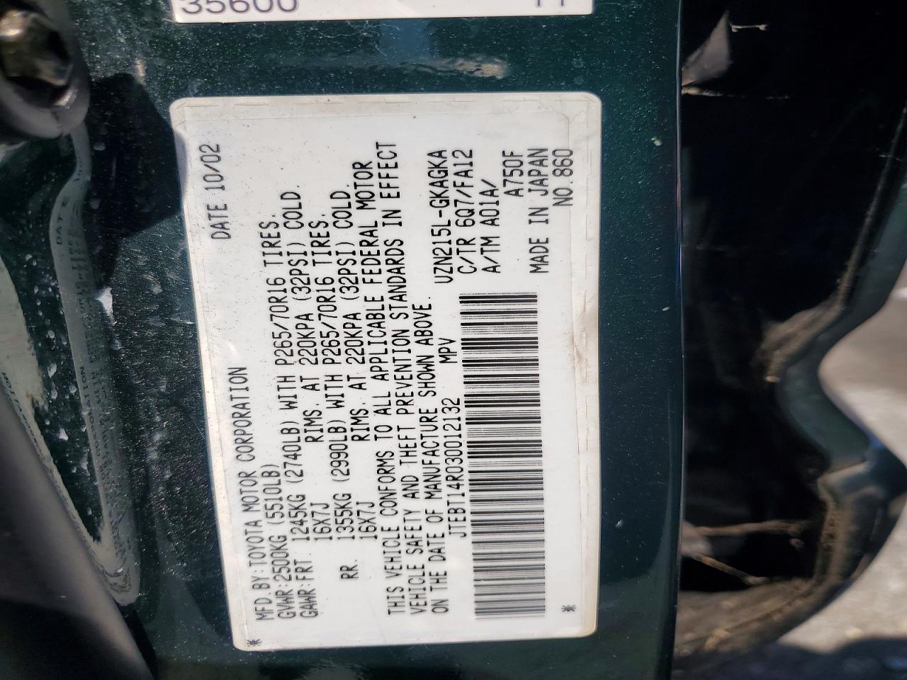 2003 Toyota 4runner Sr5 Green vin: JTEBT14R030012132
