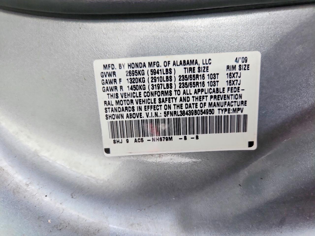 2009 Honda Odyssey Ex Blue vin: 5FNRL38439B054950