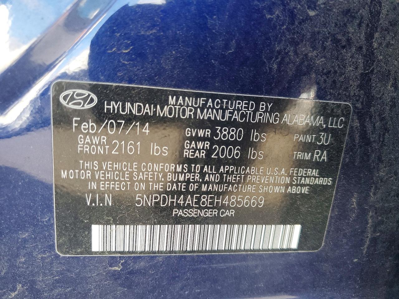 2014 Hyundai Elantra Se Blue vin: 5NPDH4AE8EH485669