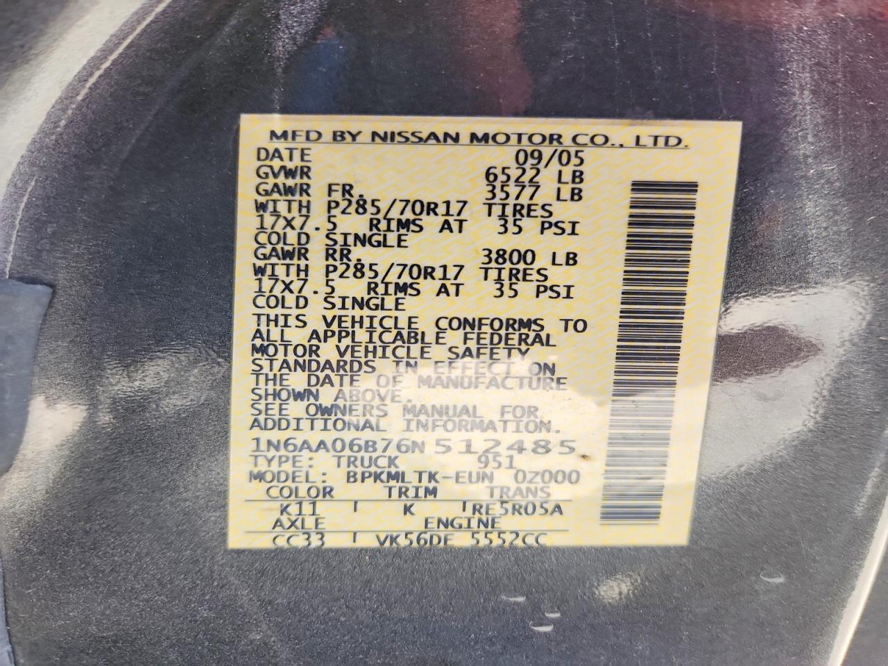 2006 Nissan Titan Xe Gray vin: 1N6AA06B76N512485