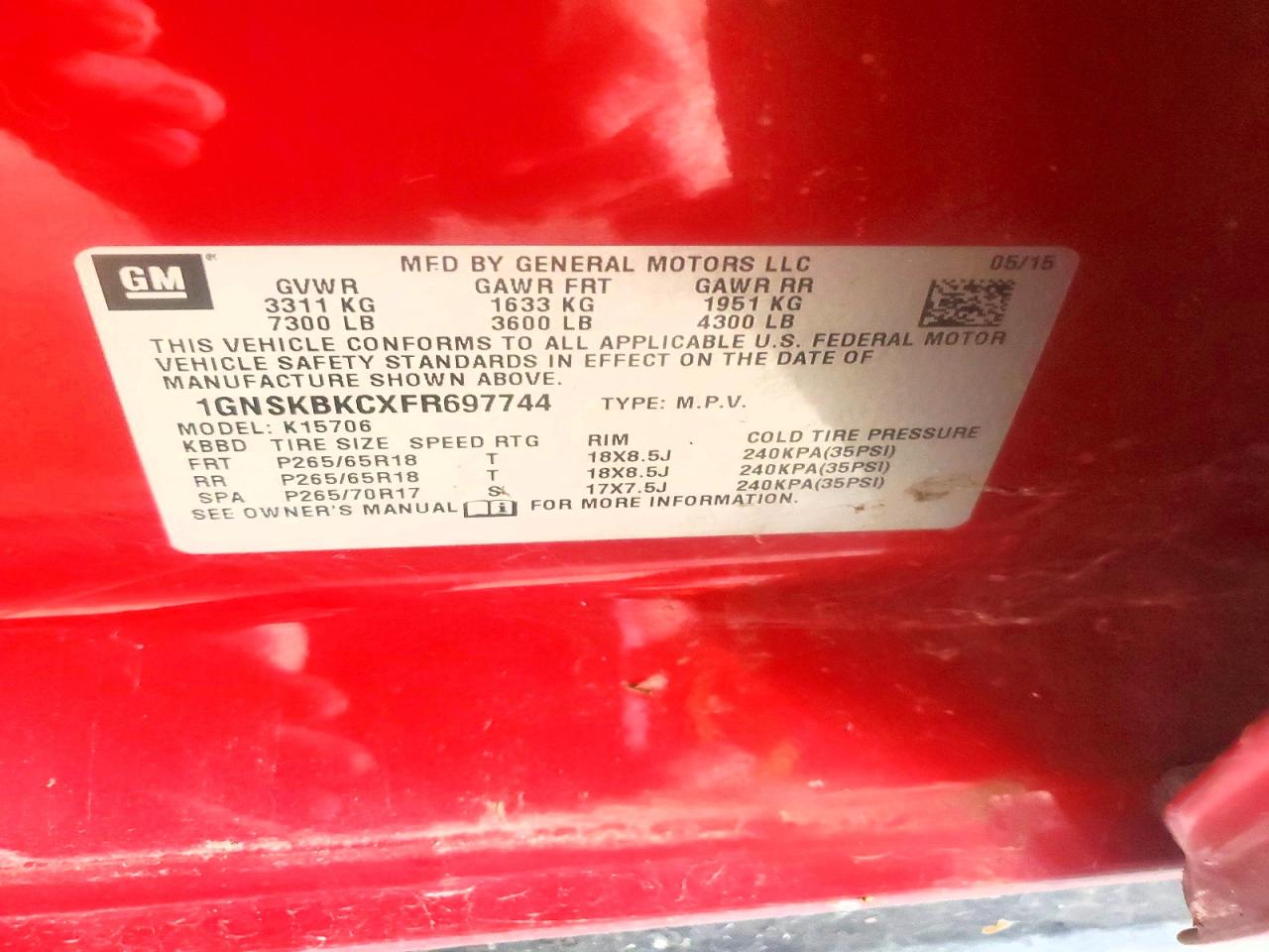 2015 Chevrolet Tahoe K1500 Lt Red vin: 1GNSKBKCXFR697744