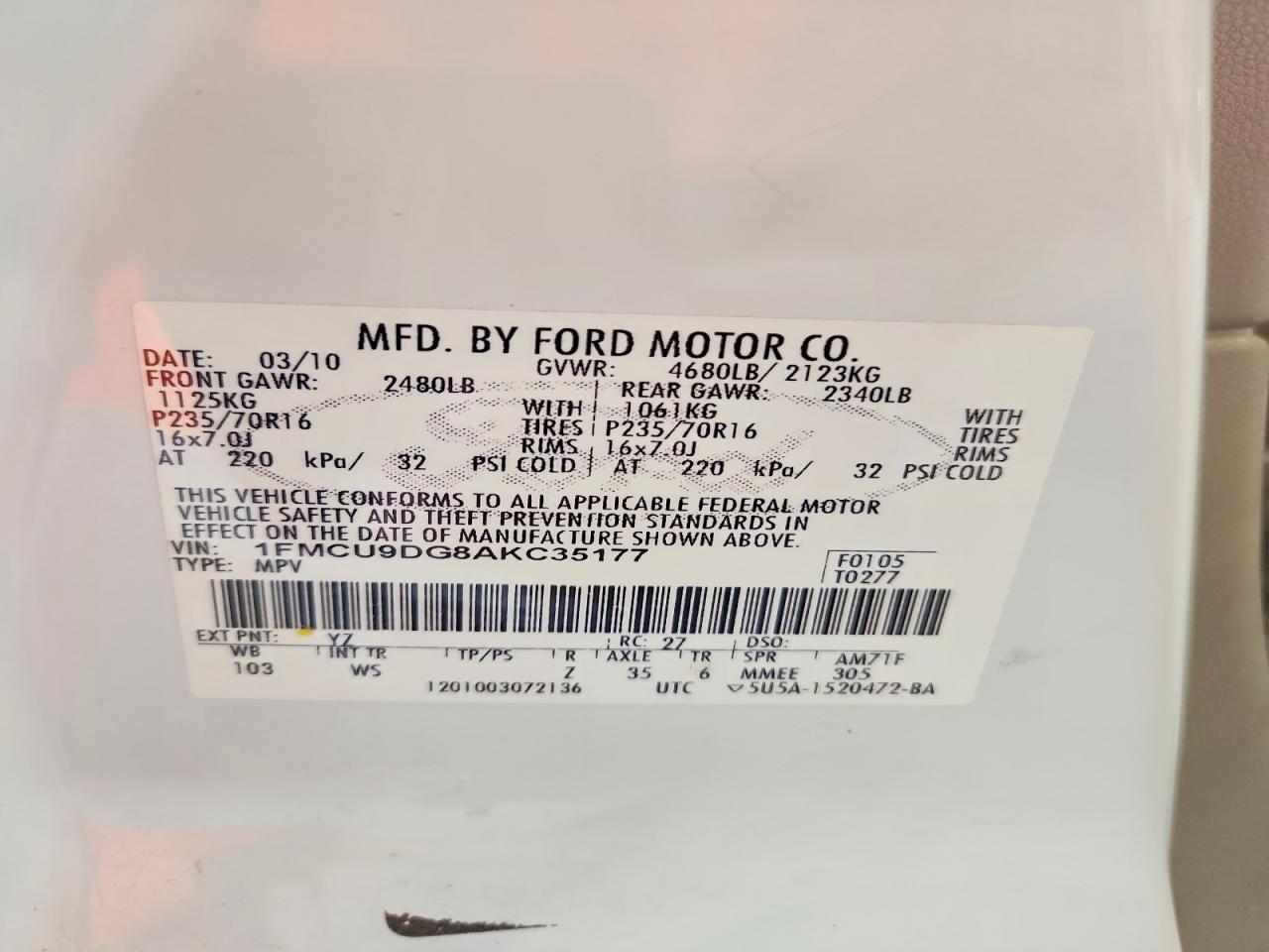 2010 Ford Escape Xlt White vin: 1FMCU9DG8AKC35177