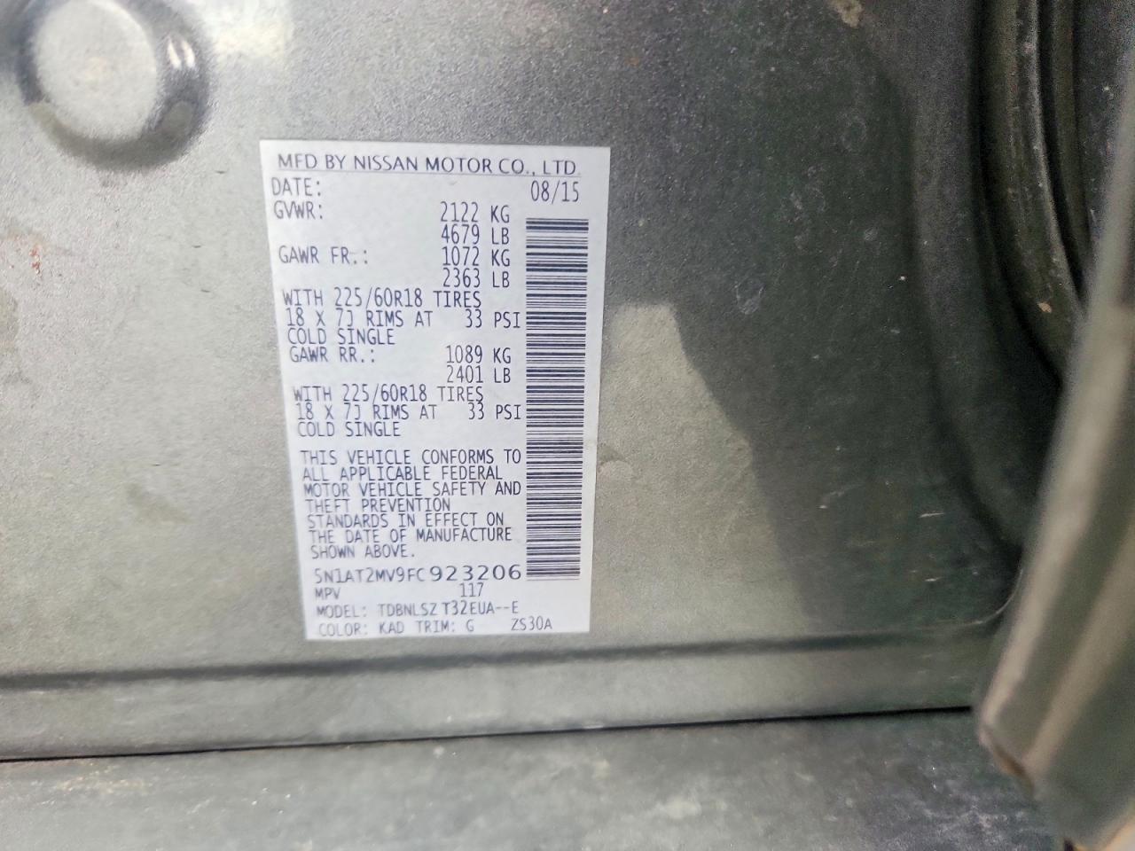 2015 Nissan Rogue Sl Gray vin: 5N1AT2MV9FC923206