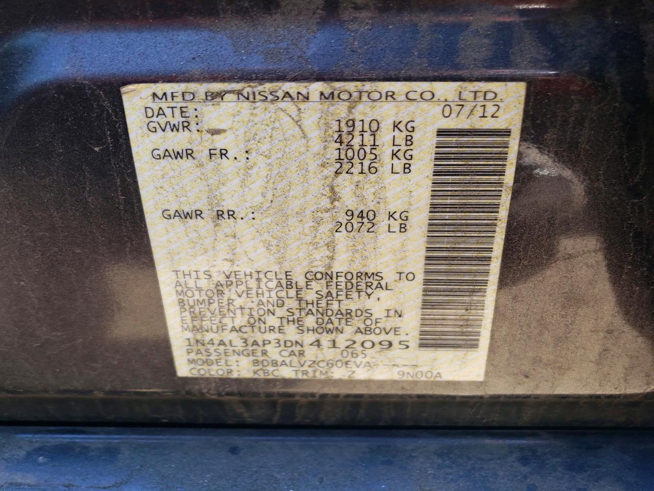 2013 Nissan Altima 2.5 Charcoal vin: 1N4AL3AP3DN412095