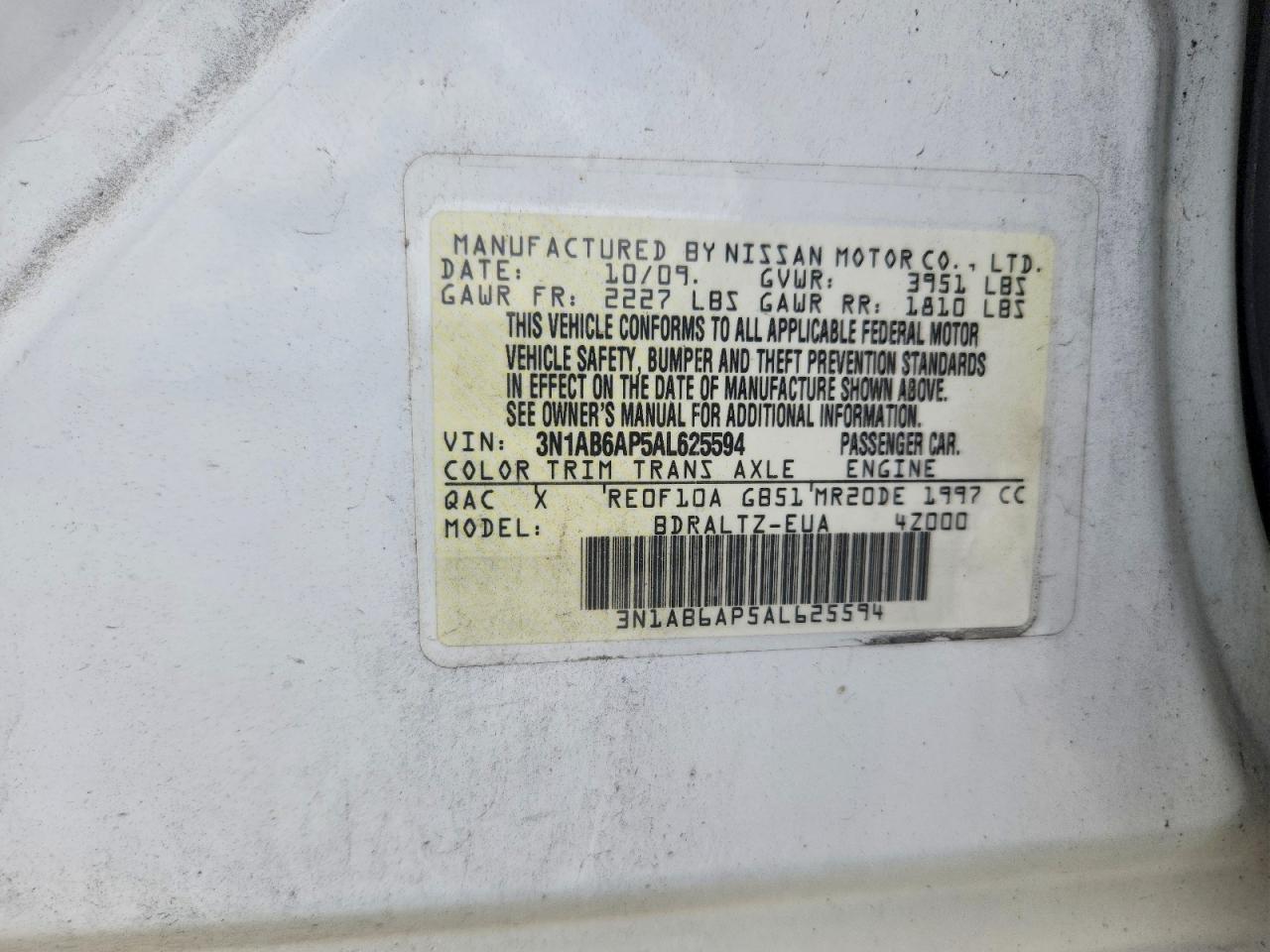 2010 Nissan Sentra 2.0 White vin: 3N1AB6AP5AL625594