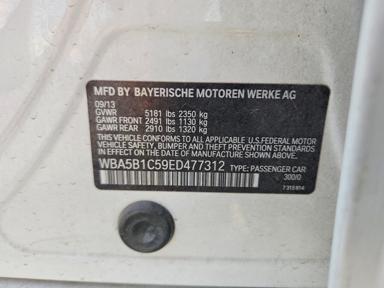 2014 Bmw 535 I White vin: WBA5B1C59ED477312
