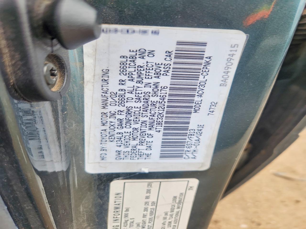2002 Toyota Camry Le Green vin: 4T1BE32K12U546176