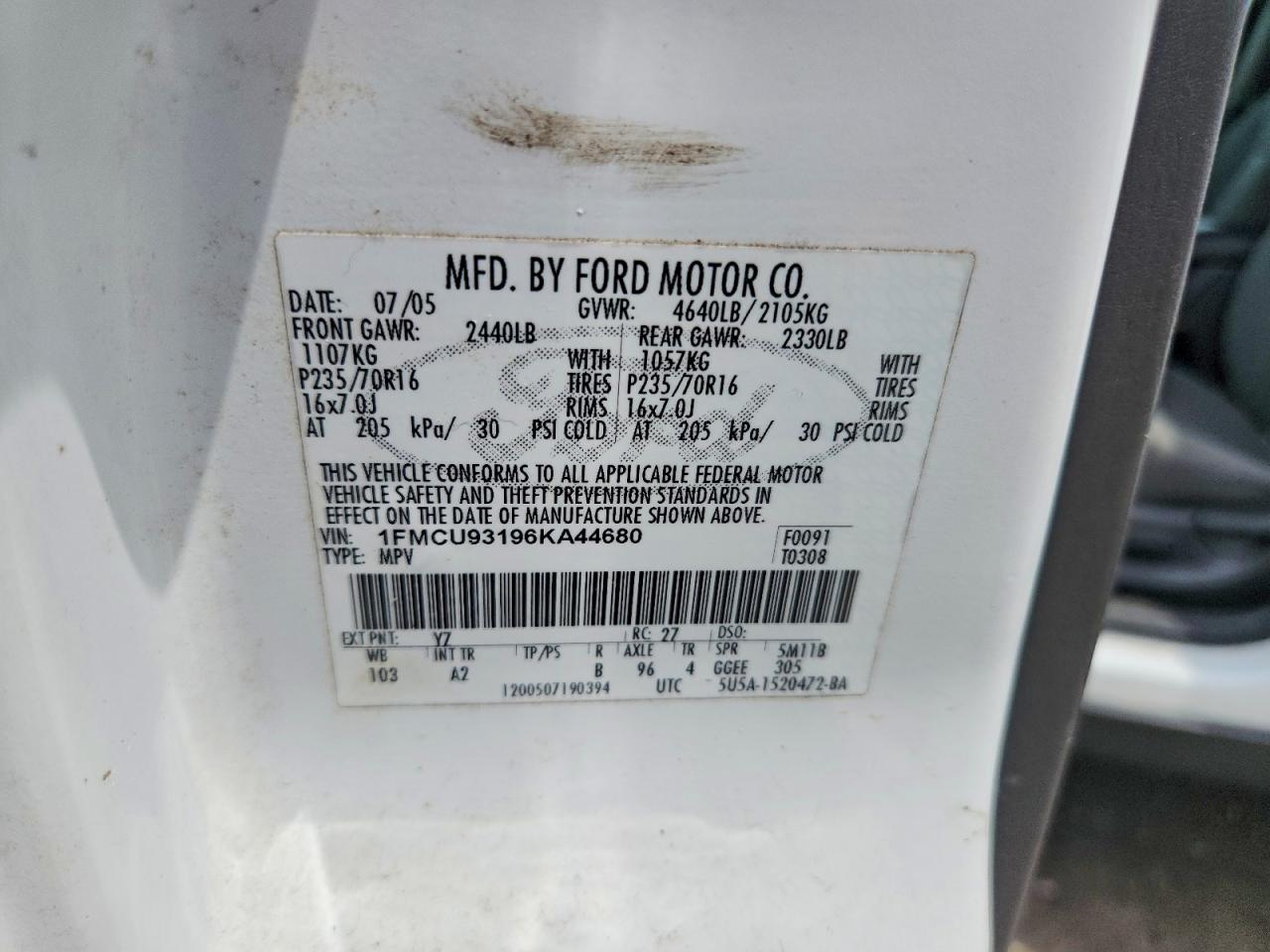 2006 Ford Escape Xlt White vin: 1FMCU93196KA44680