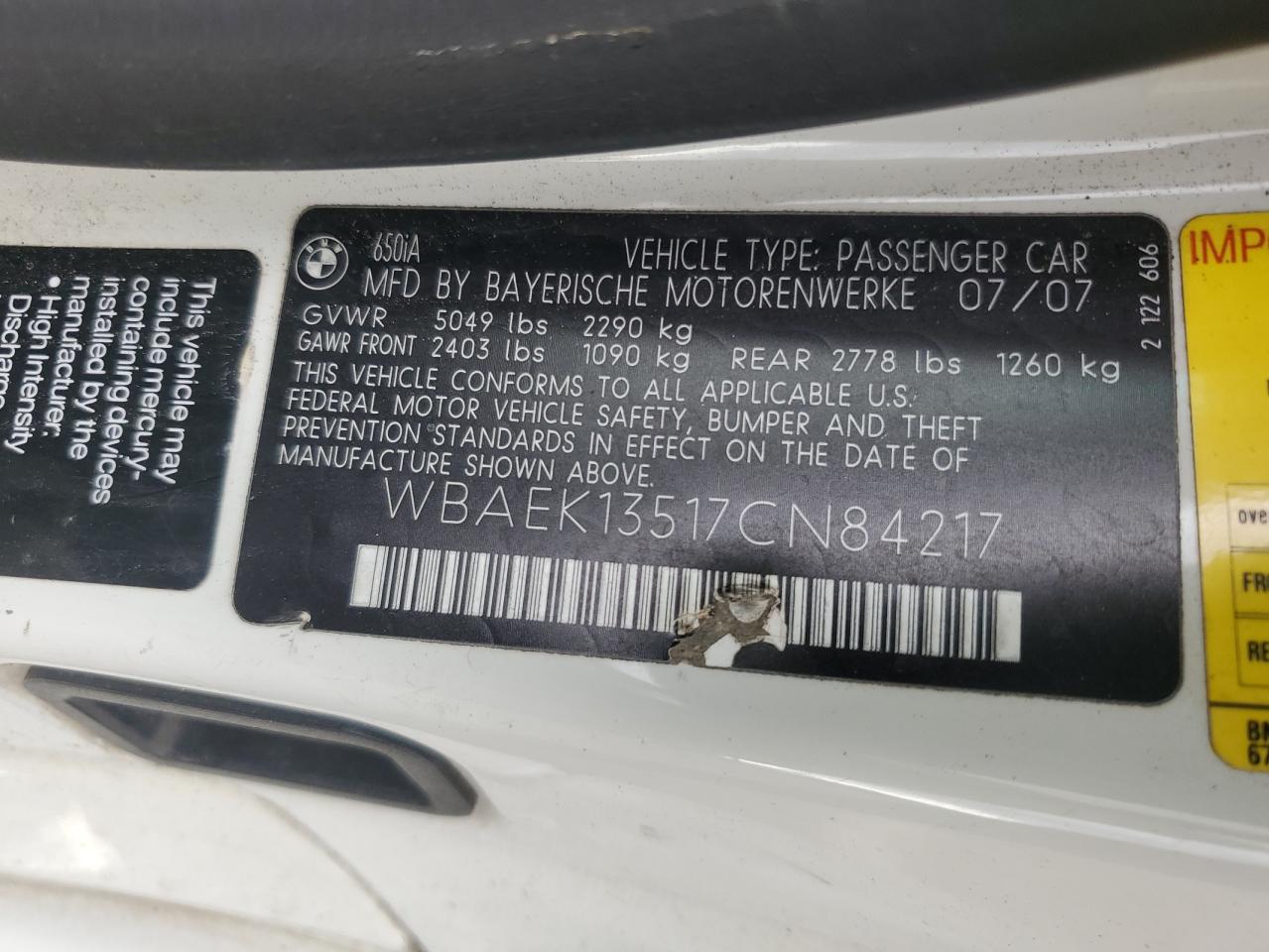 2007 Bmw 650 I White vin: WBAEK13517CN84217