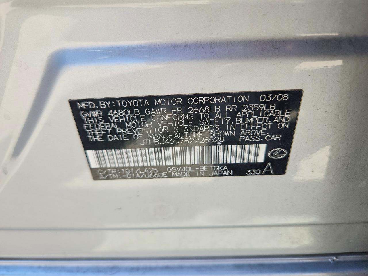 2008 Lexus Es 350 Silver vin: JTHBJ46G782228528