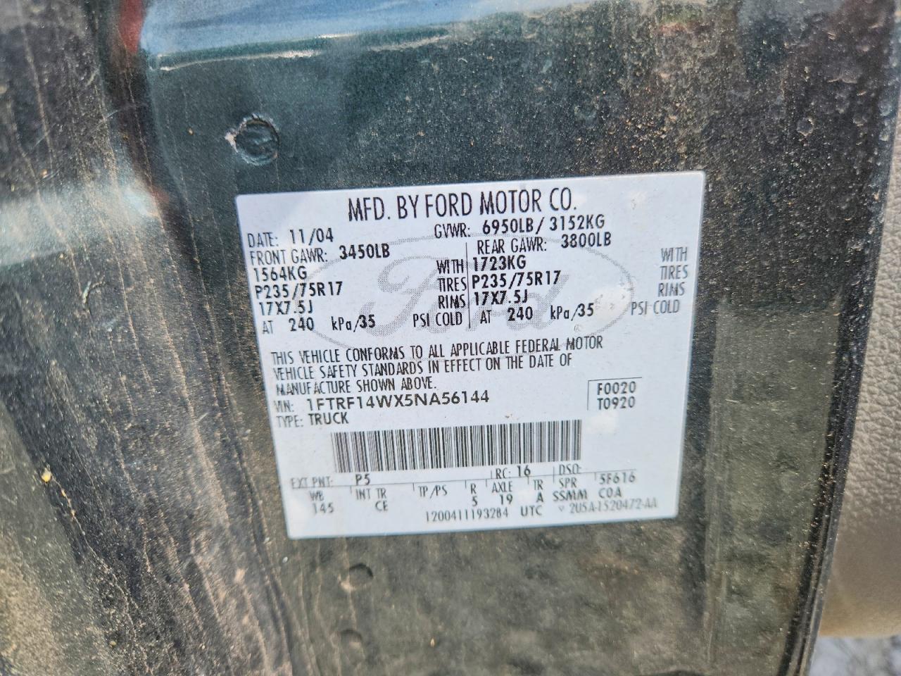2005 Ford F150 Green vin: 1FTRF14WX5NA56144