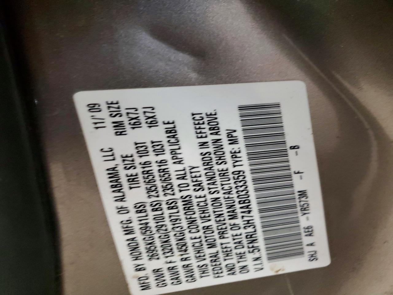 2010 Honda Odyssey Exl Beige vin: 5FNRL3H74AB033359