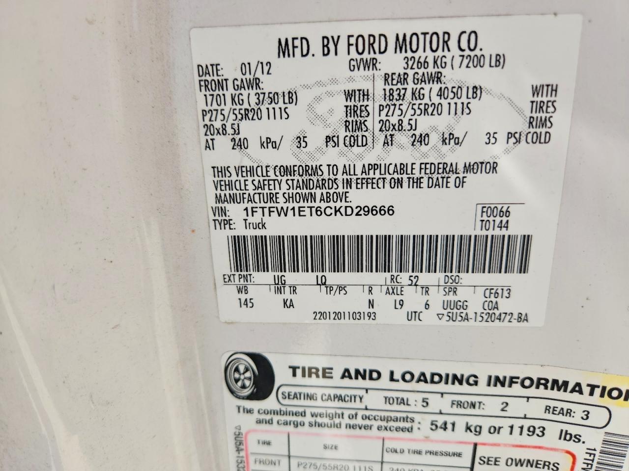 2012 Ford F150 Supercrew White vin: 1FTFW1ET6CKD29666