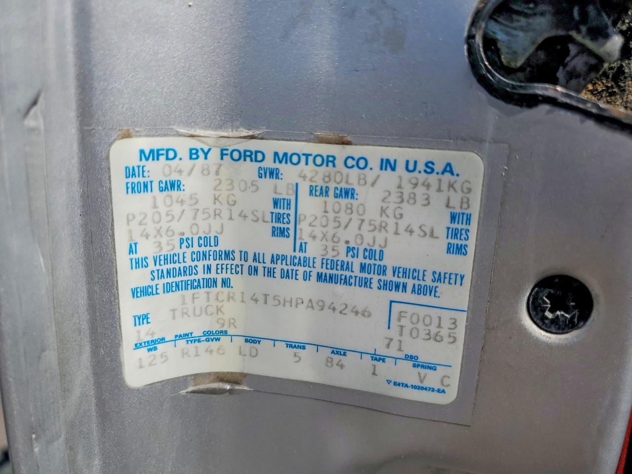 1987 Ford Ranger Super Cab Silver vin: 1FTCR14T5HPA94246