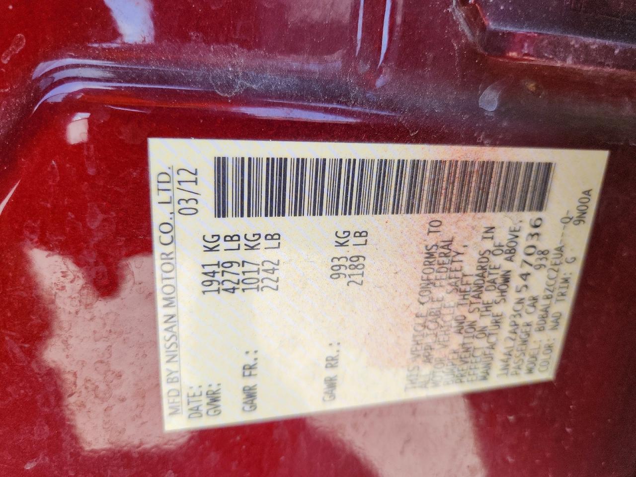 2012 Nissan Altima 2.5 Red vin: 1N4AL2AP3CN547036