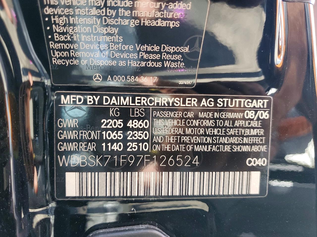 2007 Mercedes-benz Sl 550 Черный vin: WDBSK71F97F126524