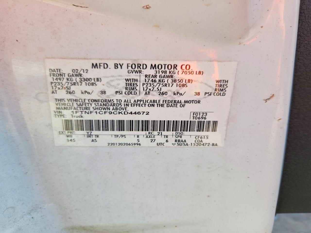2012 Ford F150 White vin: 1FTNF1CF9CKD44672