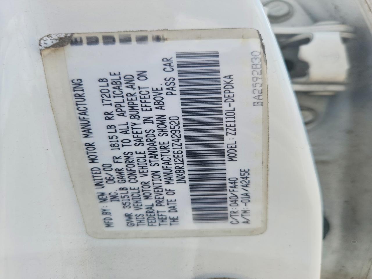 2001 Toyota Corolla Le Белый vin: 1NXBR12E61Z429520