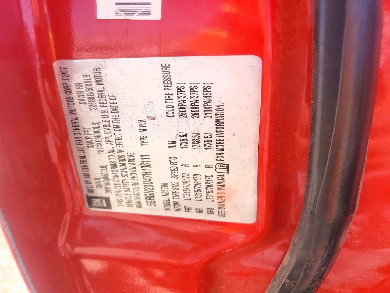 2007 Hummer H2 Red vin: 5GRGN23U47H108111