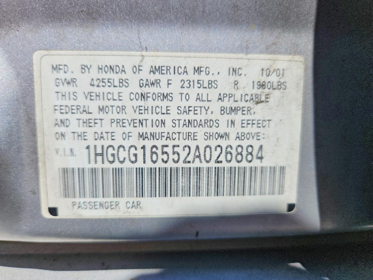 2002 Honda Accord Ex Серебряный vin: 1HGCG16552A026884