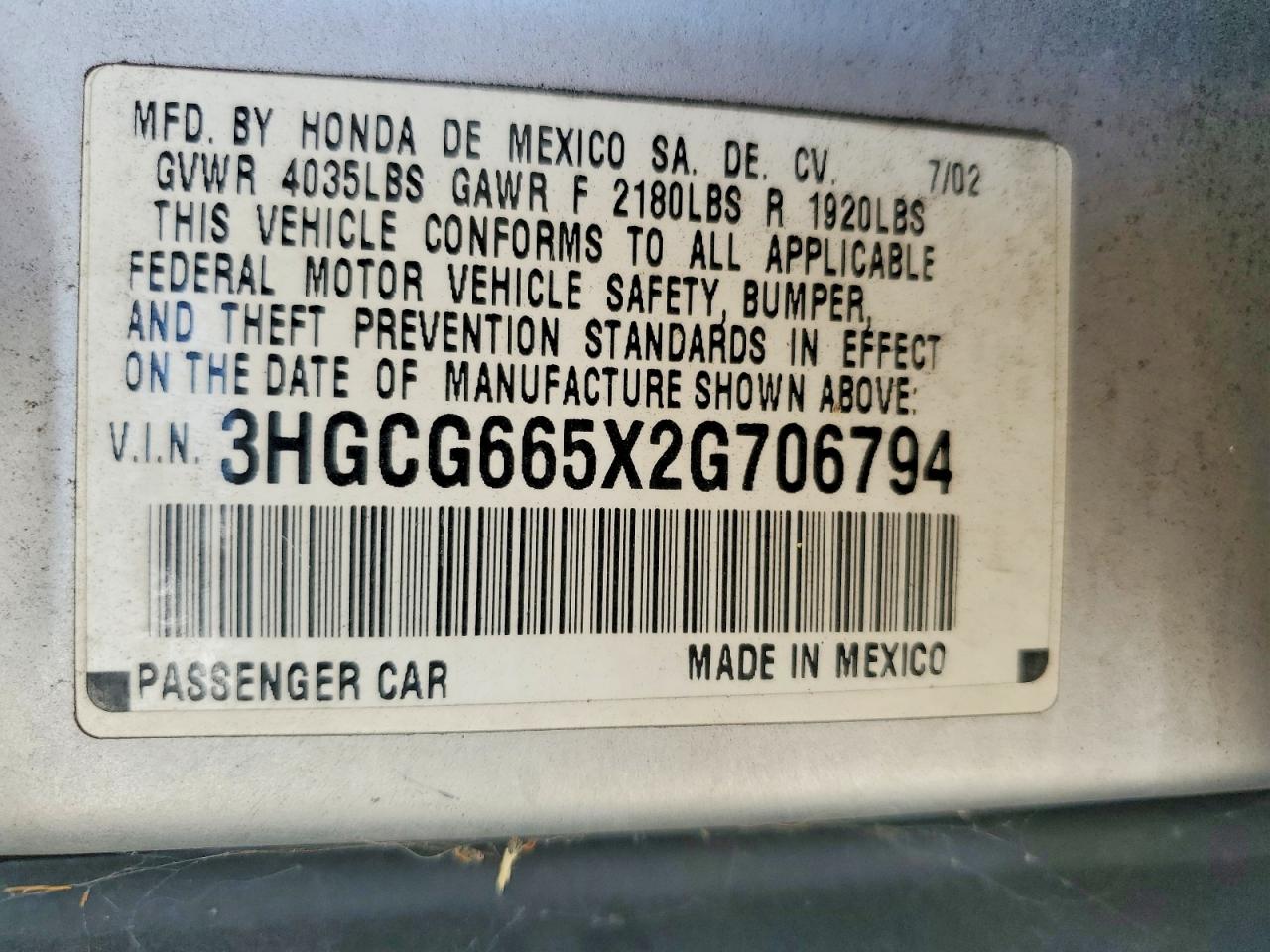 2002 Honda Accord Lx Silver vin: 3HGCG665X2G706794